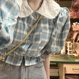 Women's T Shirts French Sweet Girl Doll Collar Shirt Women Clothes Summer Harajuku Waisted Plaid Short-sleeved T-Shirts Loose Casual Y2k