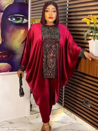 Plus Size African Clothes for Women Ankara Dashiki 2 PCS Set Sequin Outfits Autumn Fashion Velvet Tops Pants Trousers Suits 240506