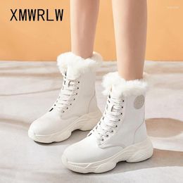 Boots XMWRLW Women's Snow 2024 Winter Leather Warm Plush Women Mid-Calf Thick Sole Ladies Shoes Woman Boot