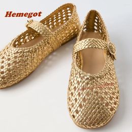 Casual Shoes Hollow Out Weaven Flat Pumps Round Toe One Strap Buckle Women's Sandals Shallow Gold Metallic Summer Est 2024