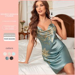 Ny casual och andningsbar imitation Silk Sexig och fashionabla rygglös Suspender Nightgown Suspender kjol Ice Silk Nightgown