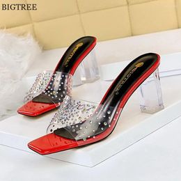 Slippers Sexy Crystal Transparent PVC Women Slides Black Red White Patent Leather Shoes Open Toe High Heel Ladies Bride Sippers Party