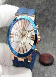 Individual Style Dual Time Exquisit Men Watch Chronograph Quartz Roman Number Markers Outdoor Mens Watches With Blue Rubber Band2562672