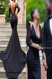 Sexy Black Gold Applique Evening Dresses Elegant Formal Women Long Sleeve Beaded Deep Vneck South African Party Special Occasion 1773757