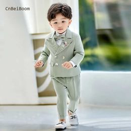 Clothing Sets Boys set British childrens clothing set baby flower girl dress handsome first birthday party fashionable green formal set Q240517