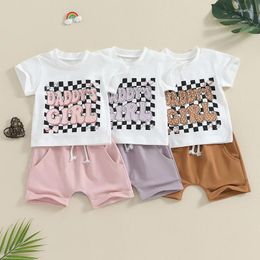 Clothing Sets Summer Toddler Kids Baby Girls Clothes Plaid Letter Print Short Sleeve T-shirts Drawstring Shorts Born Casual Tracksuits