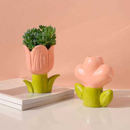 Vases Nordic Ins Creative Tulip Ceramic Vase Living Room Flower Arrangement Hydroponic Handle Flower Ware Home Decoration Accessories J240515