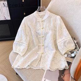 Women's Blouses Chinese Embroidered Lace Button Stand Collar White Shirt Women Tops Summer Vintage Lantern Sleeve Loose