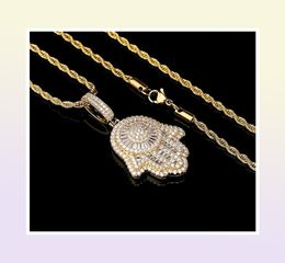 Iced Out Hand of Fatima Hamsa Pendant Necklace CZ Copper Top Quality Cubic Zircon Bling Bling For Men Women gifts2212343