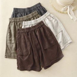 Women's Shorts 2024 Fashion Summer Loose Straight Casual Pants Elastic Waist Cotton Linen Solid Colour A-line Wide Leg