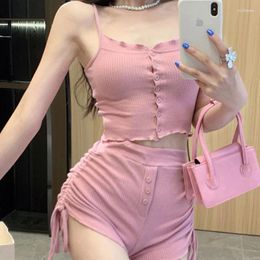 Women's Tracksuits Casual Fashion Set For Sexy Pink Knitted Vest Short Pants Two Piece Sets Women Clothes Drawstring Sweat Tank Top Suits