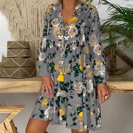 Casual Dresses 2024 Women's Large Fashion Elegant And Comfortable Half Open Collar Mid Waist Long Sleeve Retro Print Swing Dress