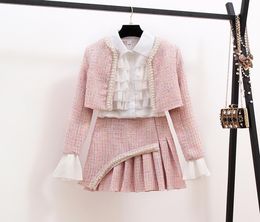 New Autumn Winter Fashion Ladies Suits Elegant Ruffles White Blouses Beaded Short Jackets Tweeds Mini Skirts Women 3 Pcs Set4981197