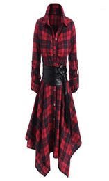 Casual Dresses Elegant Long Sleeve Red Plaid Shirt Women Turn Down Collar Ruffle Hem Single Breasted Autumn Party Dress Corset Ves5008432
