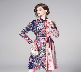 Flora printed long sleeve pink women shirt dresses with lace up gorgeous skirt summer HiLo single breasted dresses4789391