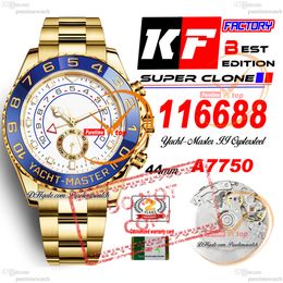 116688 A7750 Automatic Chronograph Mens Watch KF Yellow Gold Blue Ceramic Bezel White Dial 904L Oystesteel Bracelet Super Edition Same Series Card Puretime PTRX