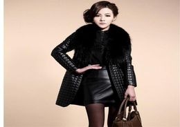 Womens Large Size Casual Pu Leather Overcoats Long Section Fur Collar Leather Jackets Female Leather Coats6149673