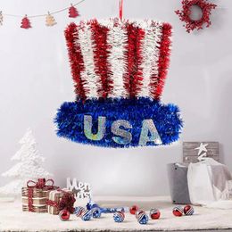 Decorative Flowers Independence Day Wreath Patriotic Tinsel With Usa Hat For 4th Of July Indoor Outdoor Decor White Blue