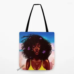 Storage Bags Sexy Beautiful Africa Woman Print Handbag Oil Painting Art Casual Bag Fashion African Girl Cotton Linen Shopping Tote