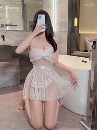 Women's Sleepwear Beautiful Yarn Sheer Lace Maid Uniform Underwear Mesh Hanging Neck Deep V-neck Low Chest Suspender E5FM