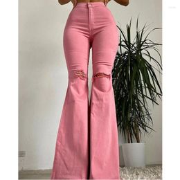 Women's Jeans Woman Slim Fit Solid Color Bell-bottoms Classic Style Ripped High Waist Long Denim Pants Street Retro Stretchy