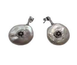 GuaiGuai Jewellery Natural 22MM Big White Coin Keshi Pearl Earrings Cz Pave Stud Handmade For Women6969038