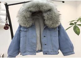 women jean jacket Winter Thick Jean Jacket Faux Fur Collar Fleece Hooded Denim Coat Female Warm Denim Outwea14890871