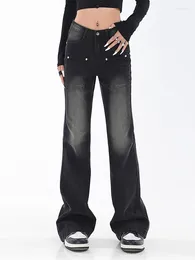 Women's Jeans Y2k Women Vintage Black Grey Flare Korean Style High Street Women's Waist Slim Denim Pants 2024 Trend Fashion