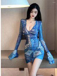 Casual Dresses 2024 Spring Women's American Retro Sexy Spicy Girl Deep V Flare Sleeve Print Fashion Tight Drawstring Wrap Hip Dress AN7A