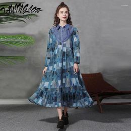 Casual Dresses Women Clothing 2024 Autumn Female Vestido Cotton Linen Plaid Splicing Loose Plus Size Dress American Retro Elegant Long