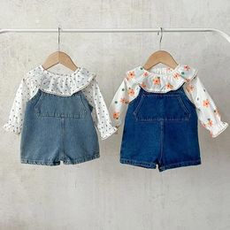 Clothing Sets 2024 Summer Autumn Toddler Baby Girls Clothes Set Long Sleeved Cotton Print Shirt Denim Strap Shorts Children Suit