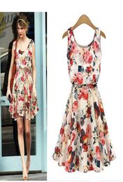 Women Summer Dress Boho New Apricot Sleeveless ONeck Florals Print Pleated Party Clubwear Formal Dress2636899