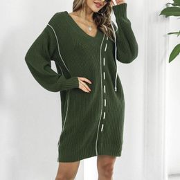 Casual Dresses Women's Knit Sweater Dress Fashion Drawstring V Neck Long Sleeve Knitted Loose Pullover