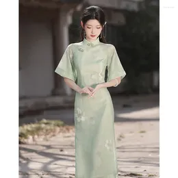 Ethnic Clothing Spring Summer Female Long Qipao Elegant Retro Green Chiffon Cheongsam Classic Mandarin Collar Chinese Dress Sexy Split