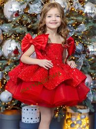 Glitter Red Girl Dress Bow Off The Shoulder Puffy Princess Dresses Cute Baby Girl Birthday Dress Children Gowns 240515