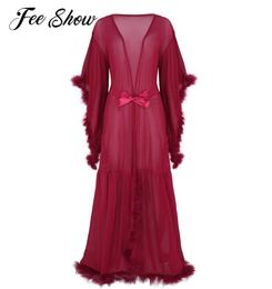 Sexy Womens Lingerie Long Bathrobe Nightgowns Mesh See Through Sheer Bridesmaid Robes Flare Sleeves Feather Maxi Sleepwear Dress3823946