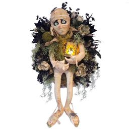 Decorative Flowers 2024 Halloween Mummy Wreath For Front Door Spiders And Lantern Sign Wall Porch Decor Home Party Garland Decoration