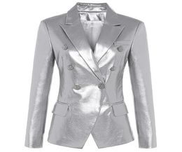 DEAT Autumn Winter Silver Double Breasted Button Outerwear Faux Leather Jacket Women Slim Blazer MG533 2010307223004