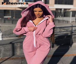 Rompers Sexy Jumpsuit Women Tracksuit 2020 Spring Hooded Cat Ear Pink Black Zipper Pocket Sweatshirt Slim Casual Cute Plus Size Y23483258