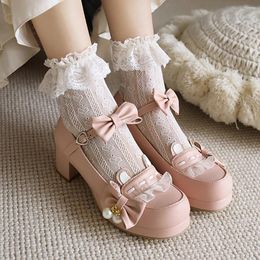 Casual Shoes Sweet Bow Lace Women High Heels Mary Jane Pumps Girls Party Wedding Cosplay White Pink Black Thick Mid-heel Ladies Lolita
