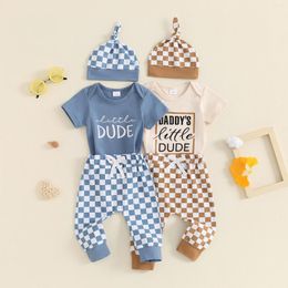 Clothing Sets Summer Infant Baby Boys Outfits Letter Print Short Sleeve Rompers Plaids Pants Hat Clothes Set