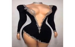 Sexy Black Velvet Short Prom Dresses 2022 For African Black Girl Deep V Neck Knee Length Cocktail Party Gowns3600533