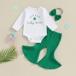 Clothing Sets CitgeeSpring St. Patrick's Day Infant Baby Girls Fall Outfit Long Sleeve Letters Print Romper Flare Pants And Headband Set