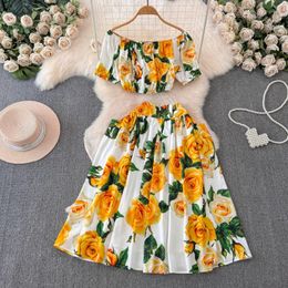 Two Piece Dress Summer Holiday Runway Two Piece Set Women's Off Shoulder Short Crop Tops Floral Print Pockets Buttons Skirt Suit Outfits 2024