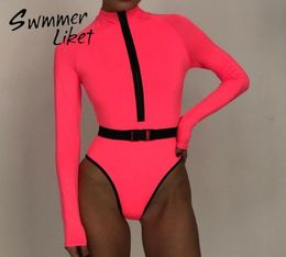 Long sleeve bikini Neon Pink Zipper bodysuits swimwear women Turtleneck swimsuit female High cut monokini biquini Y2003193580880