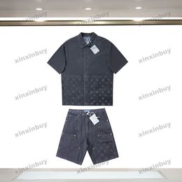xinxinbuy Men designer Tee t shirt 2024 Italy emboss Letter jacquard pattern denim sets short sleeve cotton women Grey black blue Khaki S-2XL