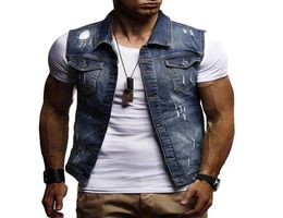 Men039s Vests Denim Vest Men Cotton Sleeveless Jackets Blue Casual Fishing Shredded Jean Coat Ripped Male Cowboy Outdoors Waist4781418