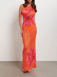 Casual Dresses 2024 Women's Mesh Tank Dress Slim Flower Print See Through Sleeveless Long For Beach Party Club