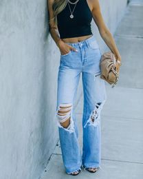 Women's Jeans High Waist 2024 Retro Hollow-out Flared Pants Loose Casual Ripped Wide Leg Straight Women's Street