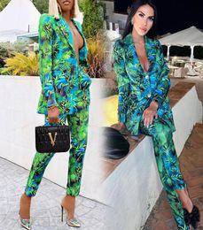 Autumn Women Pant Suits Green Jungle Print Blazer Vintage Streetwear Long Sleeve Coat and High Waist Trouser 2 Piece Set77542284256064